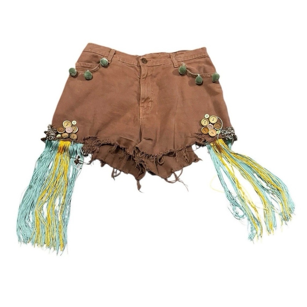 Tianello USA‎ Boho Fringe Shorts Womens S Brown Festival Tassel Raw Hem